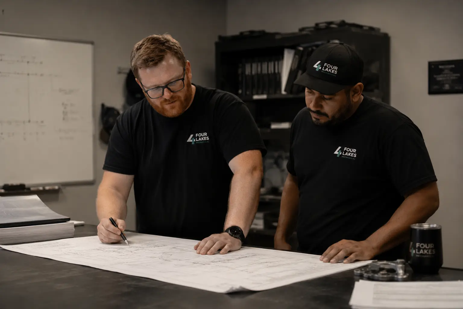 Collaborative engineers reviewing technical plans